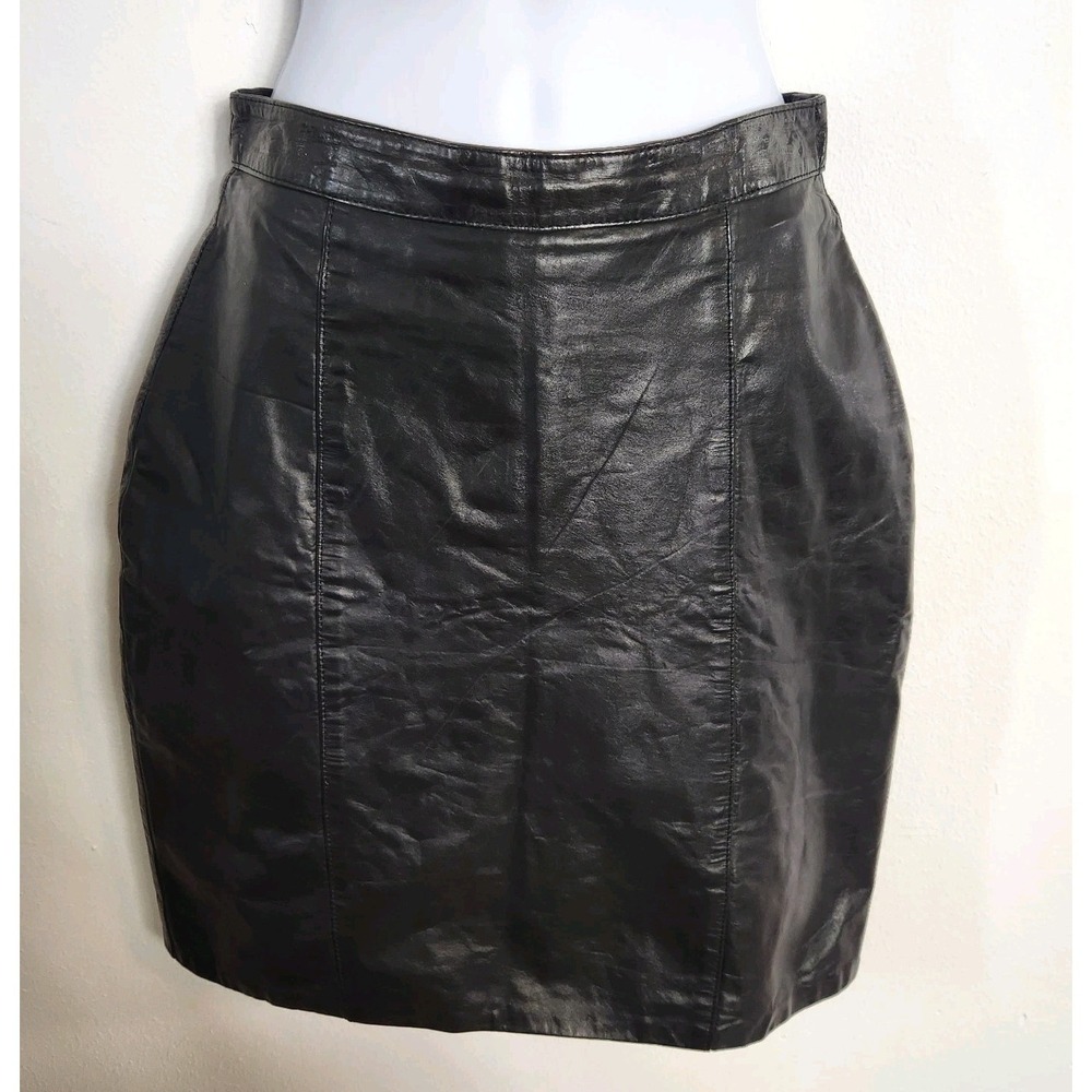 Vintage Code Nouveau Black Leather Mini Skirt Size 5 24 Waist Y2K 90s Grunge